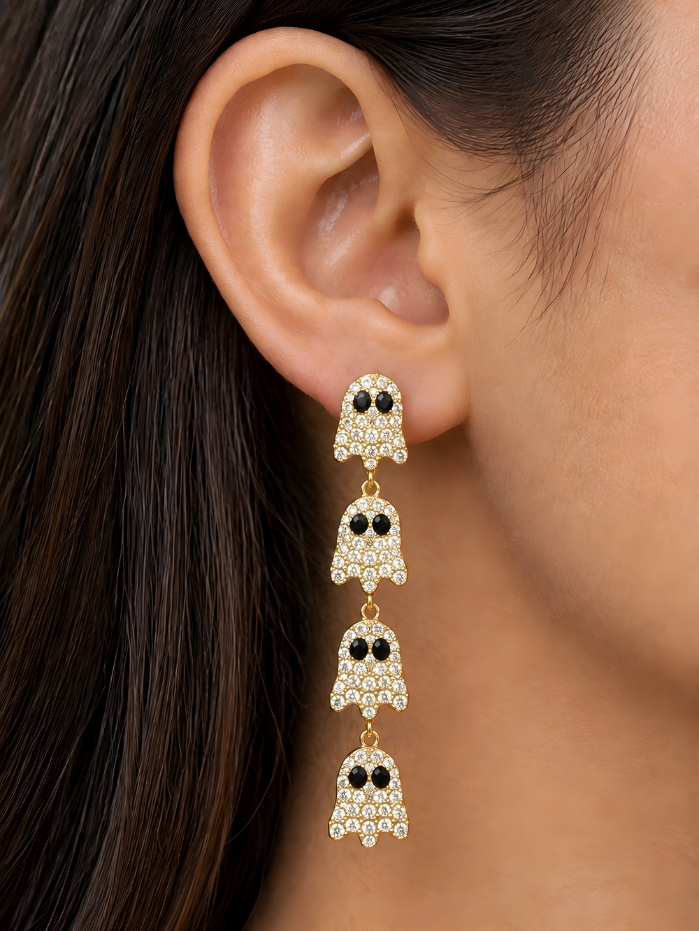 Rhinestone Halloween Ghost Drop Dangle Earrings Gold Spooky Statement Jewelry